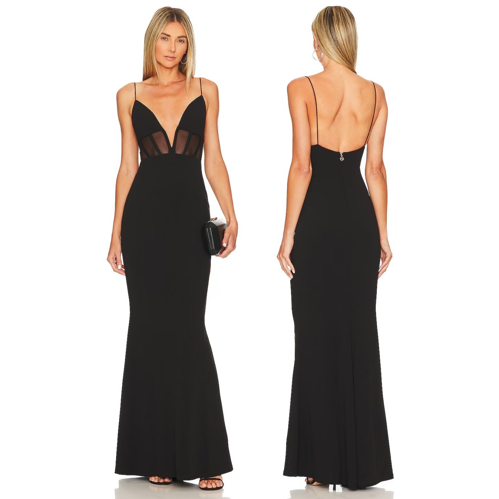 Nookie Sade Mesh Gown Maxi Plunged Neck Formal Evening Party Prom Hoco Gala Xs